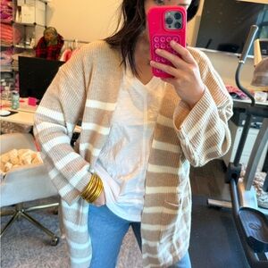 BUTTERMELON Striped Tan Cardigan Sweater